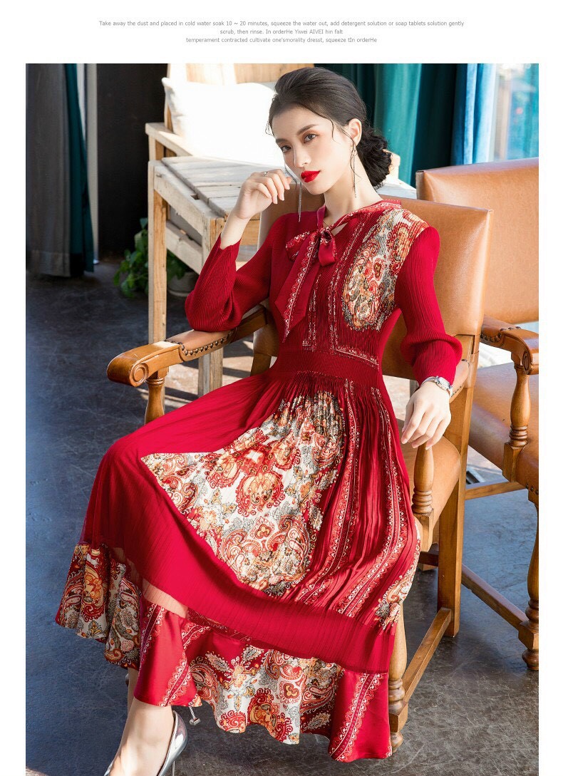 Đầm Dập Ly Họa Tiết Cổ Nơ - HN988
